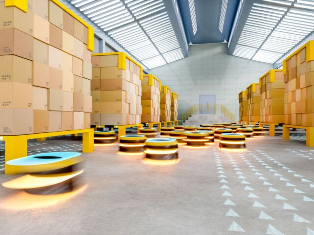 Automated robot carriers in modern distribution warehouse